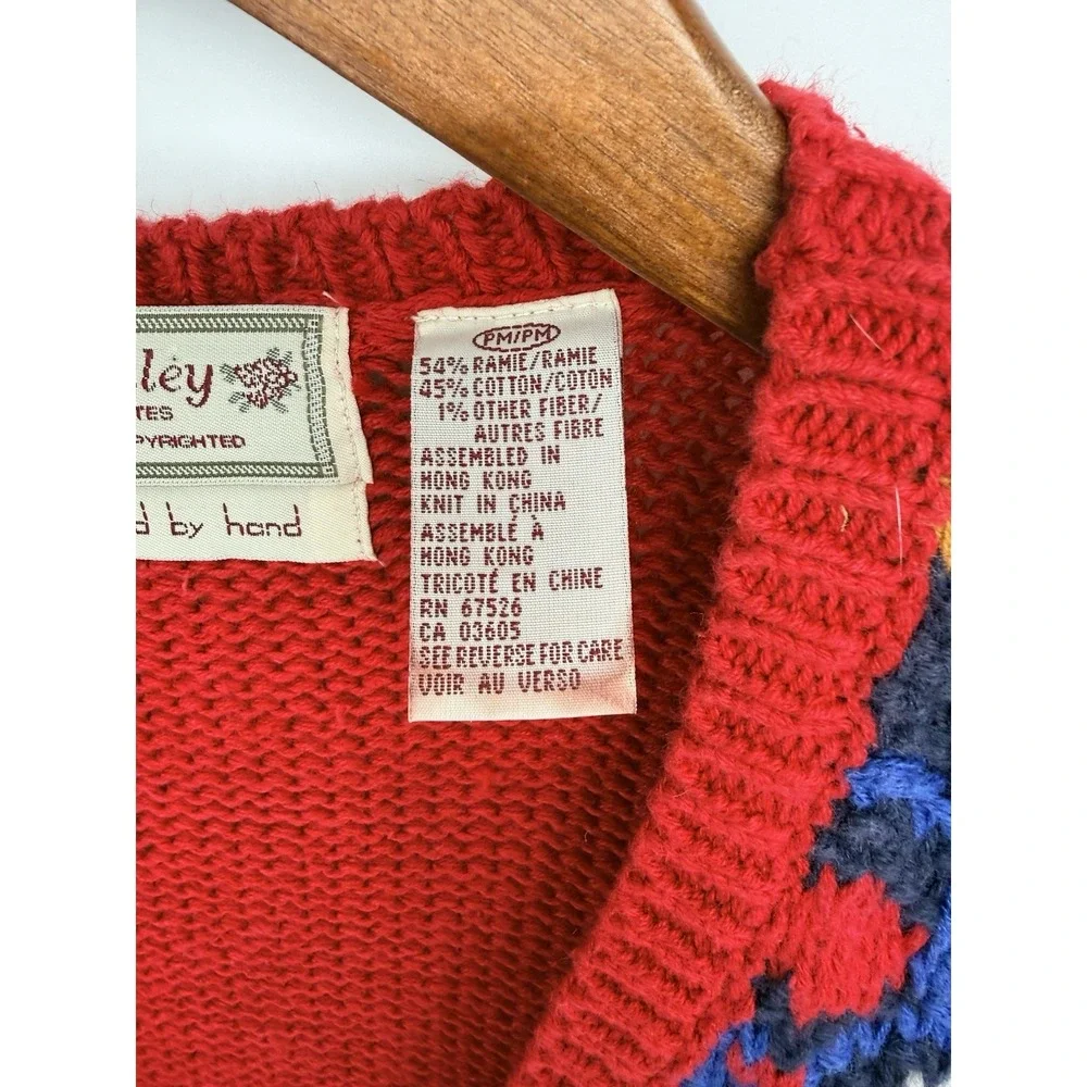 Vtg Ashley Petites Medium Hand Knit Christmas Sweater Cardigan V-Neck Button Red